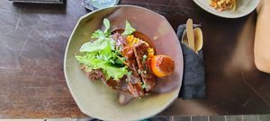 Tempeh with barbecue sauce and sweet potato puree at Moksa in Ubud