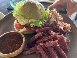 Burger with nice flavor but soggy fries   at Moksa in Ubud