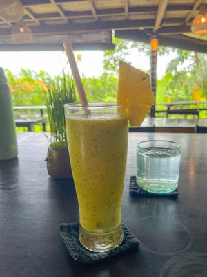 Super Immunity Booster – A vibrant, energizing blend of orange, pineapple, mango, ginger, lemon, and fresh mint. at Moksa in Ubud