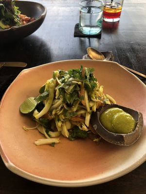 Coconut meat noodles with special mango chili sauce!  at Moksa in Ubud