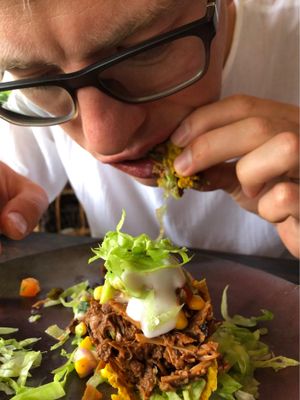 My beloved raw vegan eating raw jackfruit tacos at Moksa in Ubud