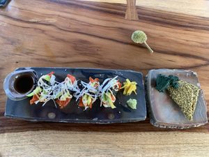 Raw vegan papaya Sushi and raw seed crackers (I added some fresh Spirulina that you get from Bali Spirulina) so delicious!!!  at Moksa in Ubud