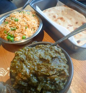 Palak Paneer with Tofu, Pea Pulao Rice and Tandoori Roti at Mukka in Fitzroy
