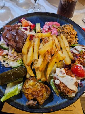Piece of meat under the aubergine at the bottom at Les Delices du Liban in Perpignan