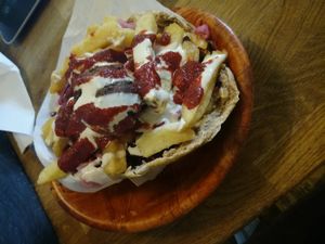 Chip butty with falafel. So tasty and a great price! at The Gourmet Offensive in Galway