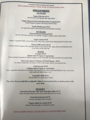New vegan menu march 2017 at The Black Horse in Endon
