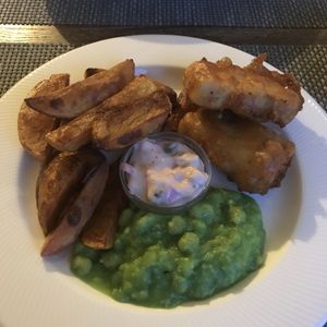 Tofish with chips and mushy peas at The Black Horse in Endon