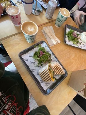 Breakfast burrito w/ oat latte   at Sweet Beat Cafe in Sligo