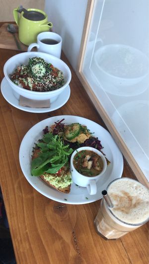 Red lentil daal and 3-in-1 super salad, soup and avo toast with peppermint tea and iced coffee. at Sweet Beat Cafe in Sligo