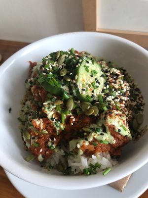 Red lentil daal with cashew sour cream and boiled rice. at Sweet Beat Cafe in Sligo