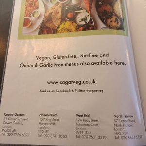 menu at Sagar Vegan & Vegetarian Restaurant - Harrow in North West London