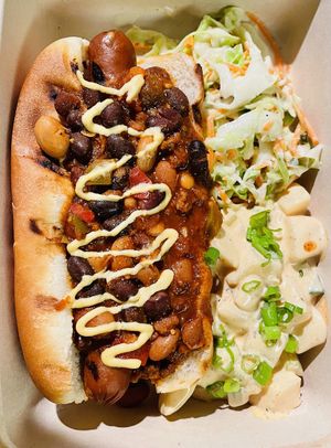 Chili dog plate w/ potato salad and slaw at Veggie Grill in Woodland Hills