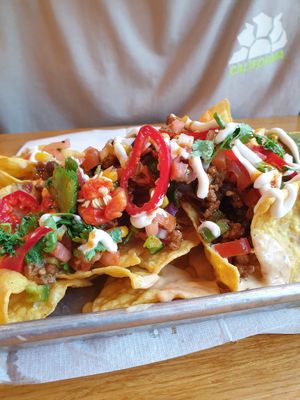 nachos.... really need more cheese at Veggie Grill in Woodland Hills