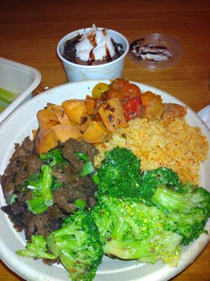 Bulgolgi, mixed veg, kimchi cous cous. SO GOOD! at Veggie Grill in Woodland Hills