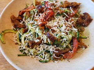 Sausage pesto with zucchini noodles at Veggie Grill in Woodland Hills