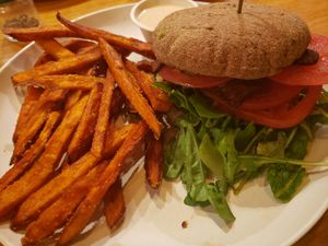 Btla with sweet potato fries at Veggie Grill in Woodland Hills