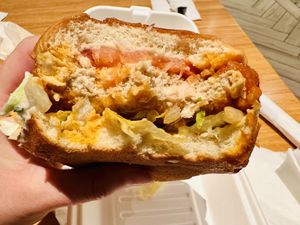 2022.JAN26- Buffalo Chick'n Crispy Chick'n Sandwich ($11.50) fried patty bigger than grilled patty   at Veggie Grill in Woodland Hills