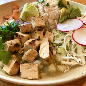 Pozole verde bowl with marinated veg chickun. Delicious! at Veggie Grill in Woodland Hills