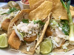 Battered Tres fish tacos at Veggie Grill in Woodland Hills