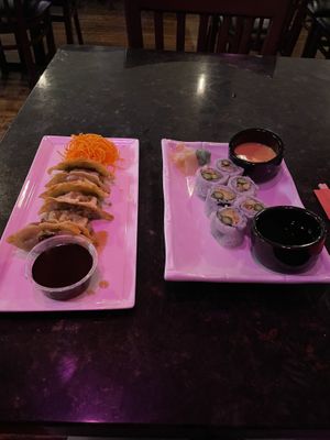 Vegetable dumplings and the 3 A’s roll (avocado, asparagus, and toasted almond)   at Lemon Grass Fusion Bistro in Columbus