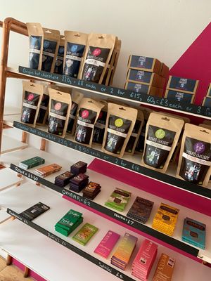 Chocolate items in mini store area at Copperhouse Chocolate in North London