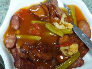 mock sausages with French beans at Lanmadaw Vegetarian Restaurant in Yangon