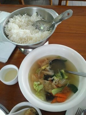 vegetables soup and a pot of steamed rice  at Lanmadaw Vegetarian Restaurant in Yangon