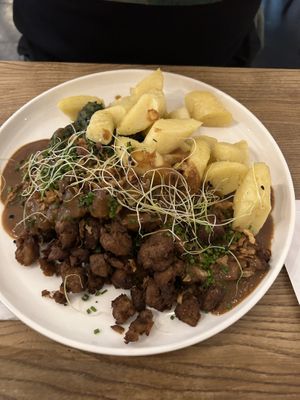 Dumplings and soy meat   at Pastva in Prague