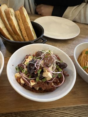 Focaccia and the olive salad   at Pastva in Prague