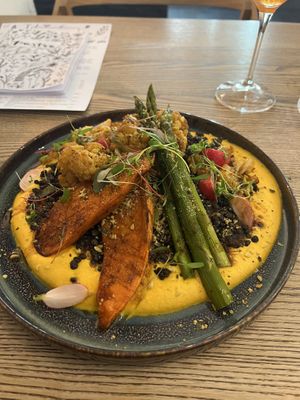 Carrot Cream with cauliflower, sweet potatoes and asparagus.   at Pastva in Prague