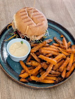 Lentil burger with sweet potatoes at Pastva in Prague