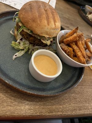Black bean burger with sweet potato fries  at Pastva in Prague