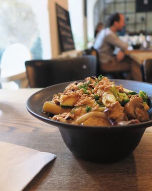 udon noodles with tofu  at Pastva in Prague