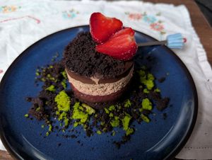 Chocolate and strawberry cake at Pastva in Prague