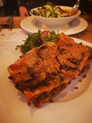 Black lentil and eggplant lasagna at Pastva in Prague