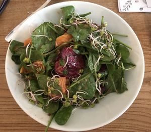 Salad with beetroot, baby spinach and oranges.  at Pastva in Prague