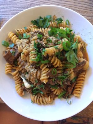 mushroom stroganoff and pasta at Pastva in Prague