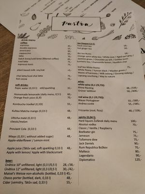 Drink Menu at Pastva in Prague