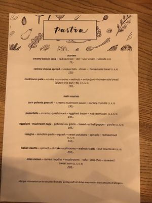Menu at Pastva in Prague