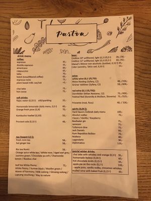 Menu at Pastva in Prague