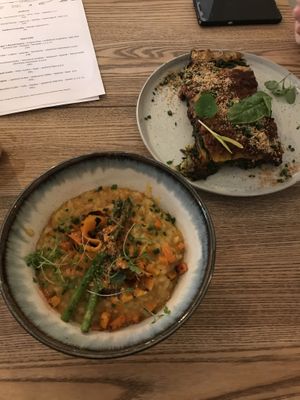Lasagne and carrot risotto  at Pastva in Prague