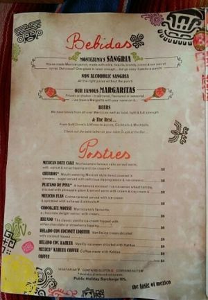 menu 2 at Montezuma's in Kedron