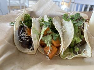 Taco trio: braised mushroom, chipotle sweet potato hash, roasted eggplant   at Chaia - Georgetown in Washington
