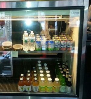 Drinks display case (with stuffed grape leaves) at Fruition Vegan Kitchen in Medford