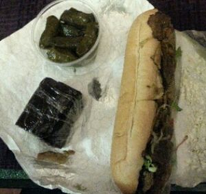 Brownie, stuffed grape leaves & Gyro sub at Fruition Vegan Kitchen in Medford
