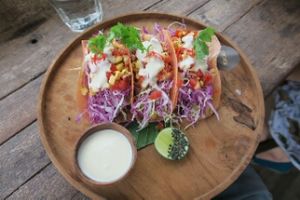 Jackfruit Tacos with homemade Cashewsourcream at Pels Supershop in Tibubeneng