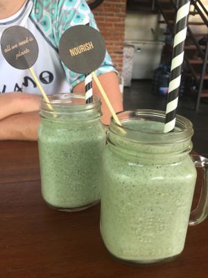 The vegan burger with sweet potato fries and salad at Pels Supershop in Tibubeneng