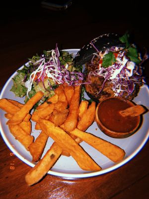 Rendang burger, really meaty, not my thing at Pels Supershop in Tibubeneng