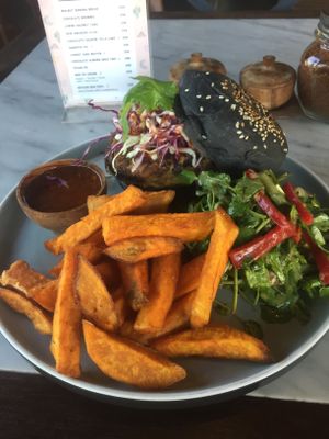 Indonesian jackfruit burger  at Pels Supershop in Tibubeneng