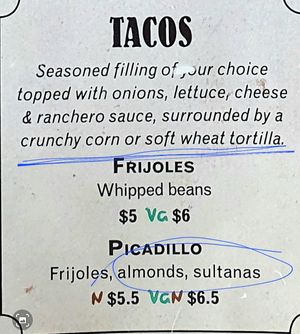 Taco option soft or crunchy. Whipped beans or beans or with almonds and saltanas. at Montezuma's in Parkdale